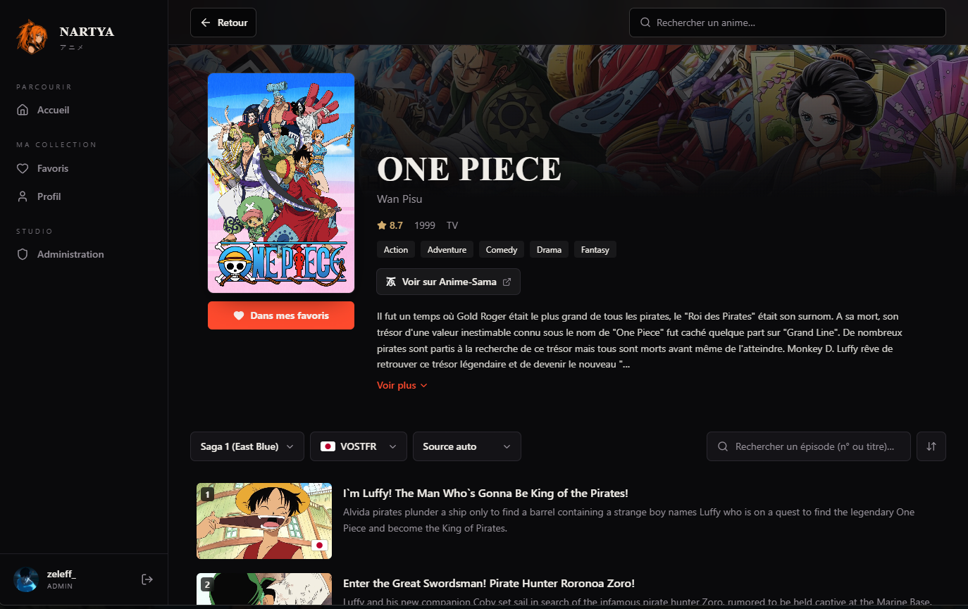 Page d'un anime sur Nartya
